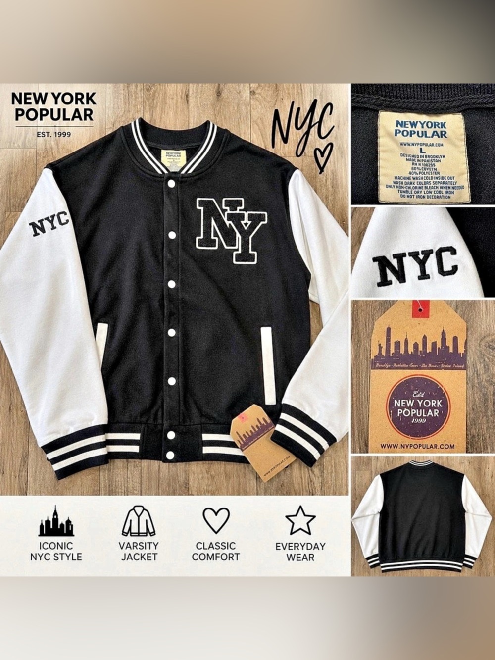 New York Popular NYC Varsity Jacket – Black & White – Size Large – NWT